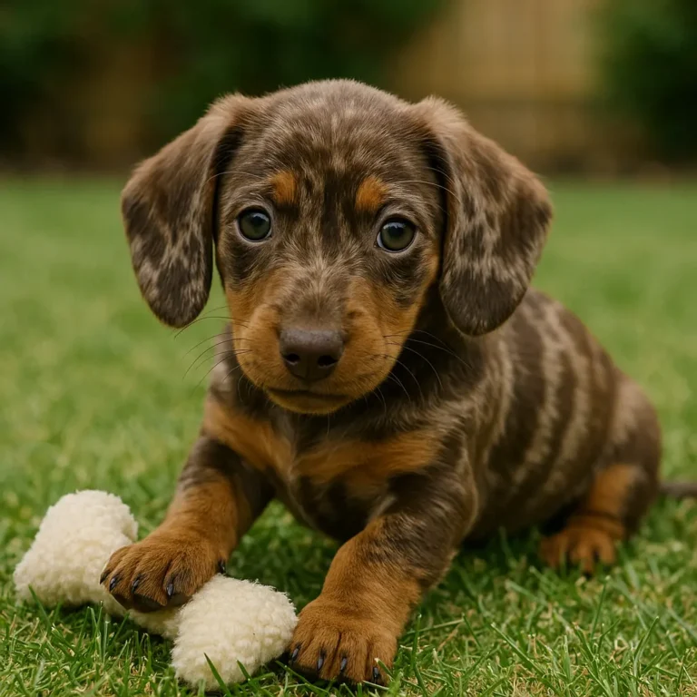brown dapple dachshund puppy eating bone