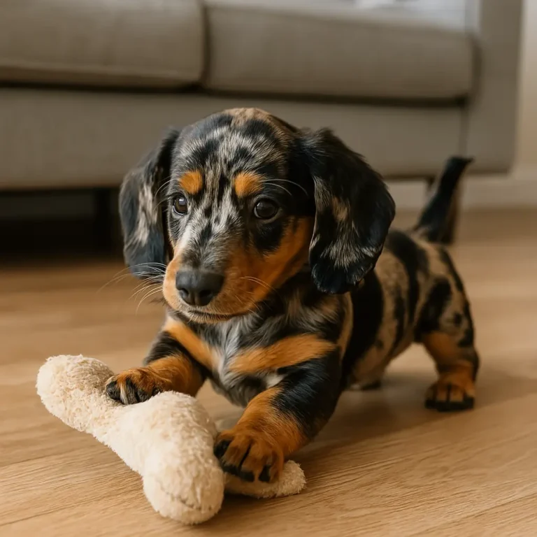 dapple doxie dachshund puppy eating bone