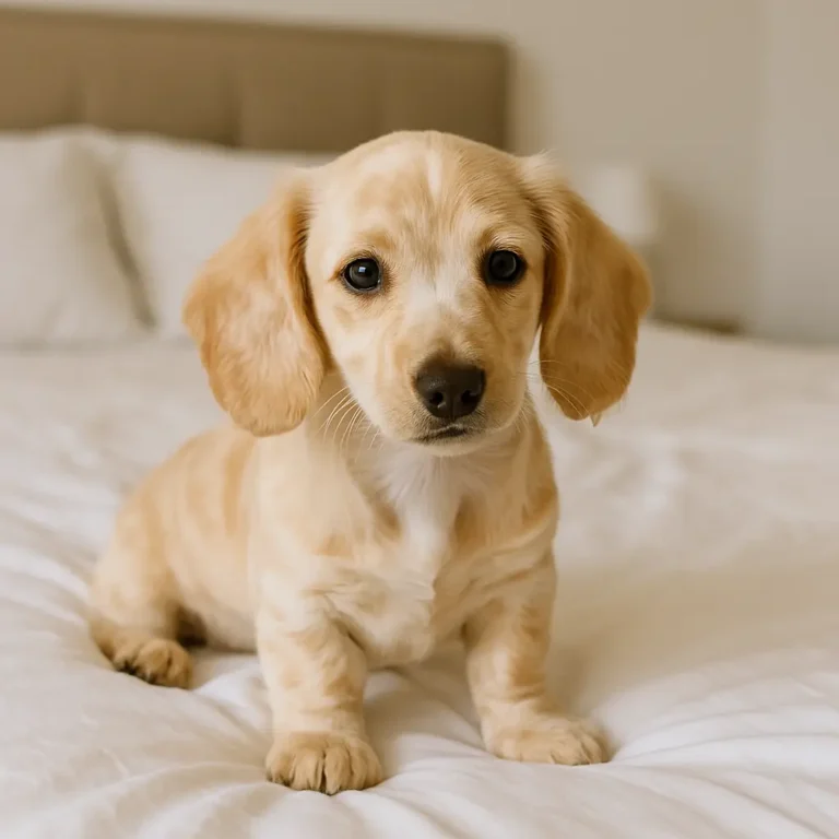cream dapple dachshund puppy sitting on bed