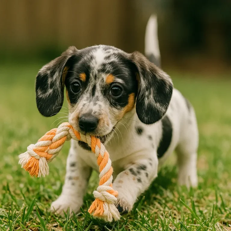 dapple piebald dachshund puppy playing with rope in garden