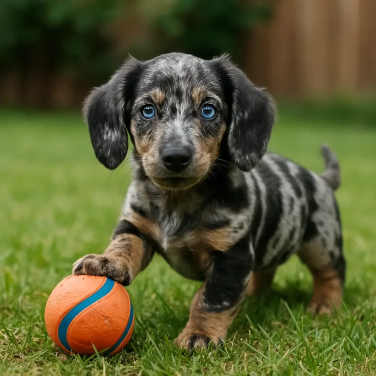 silver dapple dachshund puppy playing with ball in garden