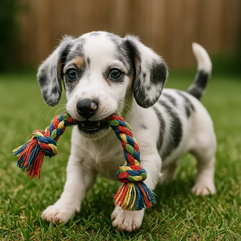 blue double dapple dachshund puppy playing with rope in garden