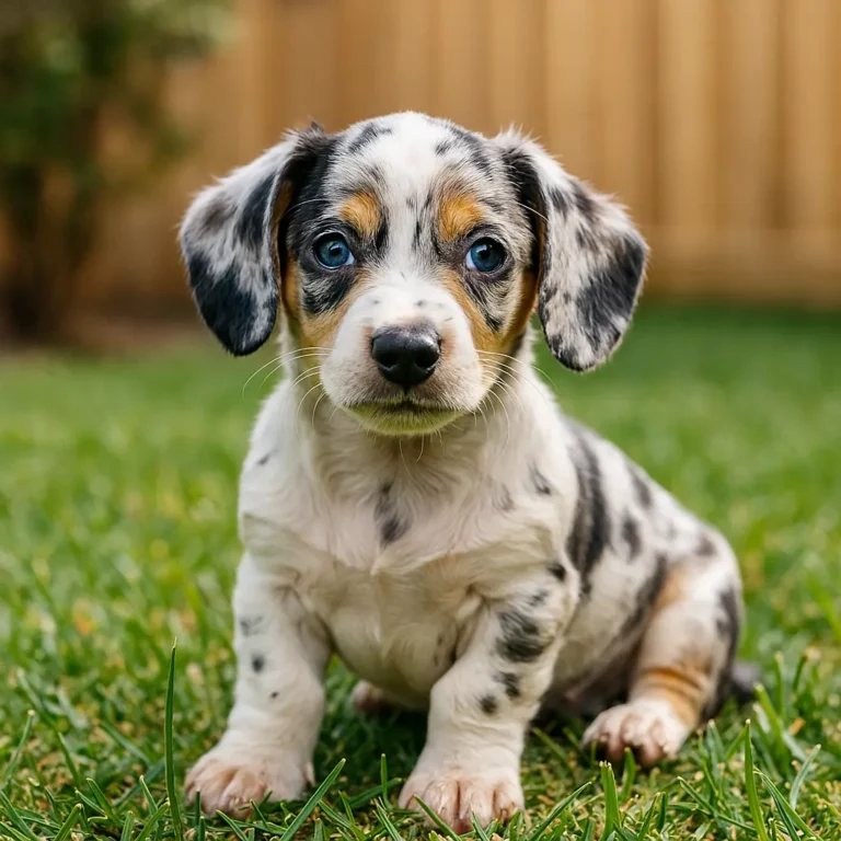 double dapple dachshund puppy sitting on ground