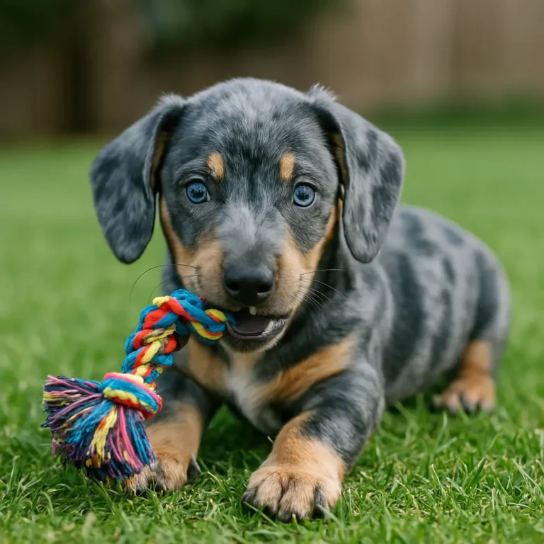 blue dapple dachshund puppy sitting on ground