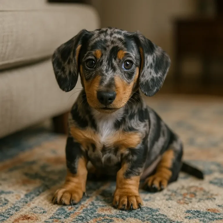 dapple dachshund puppy sitting on mat