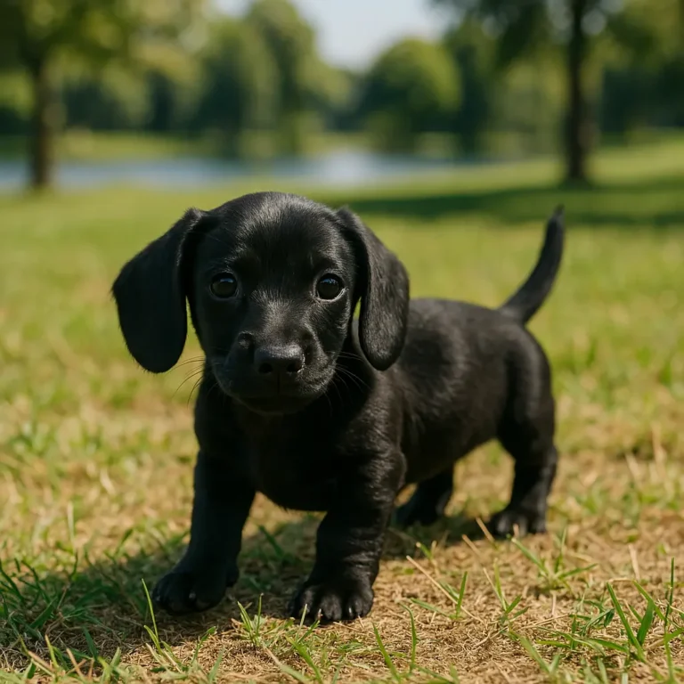 black miniature dachshund puppy standing on ground