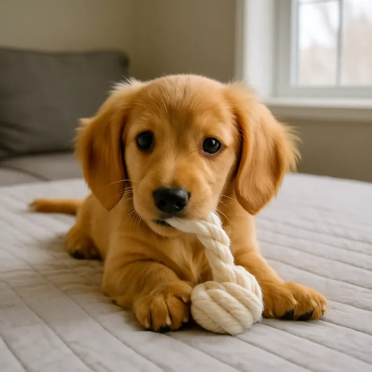 miniature golden dachshund puppy sitting on mat playing with rope