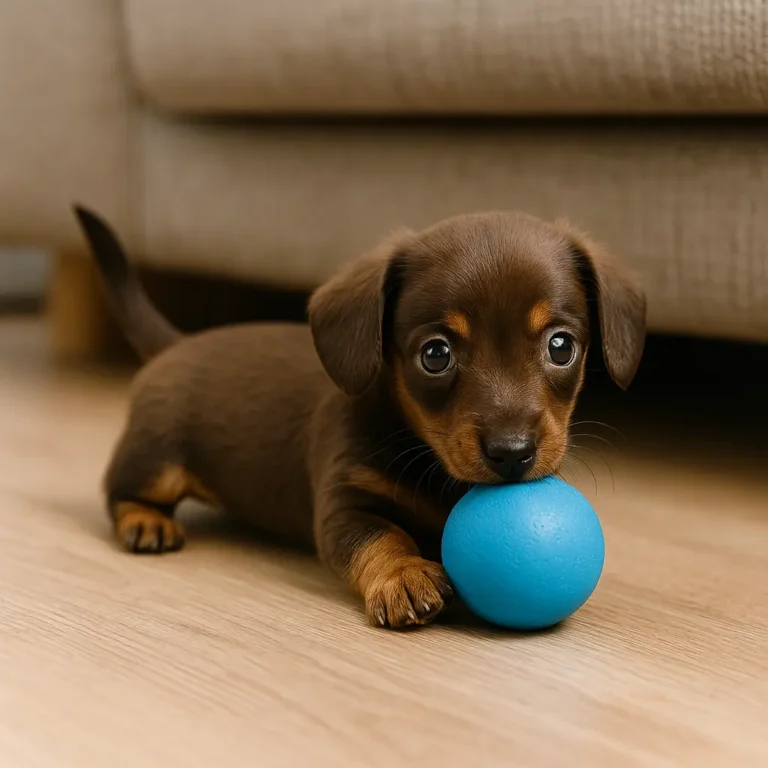teacup miniature dachshund puppy playing with ball sitting on mat