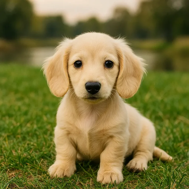 cream miniature dachshund puppy sitting in garden