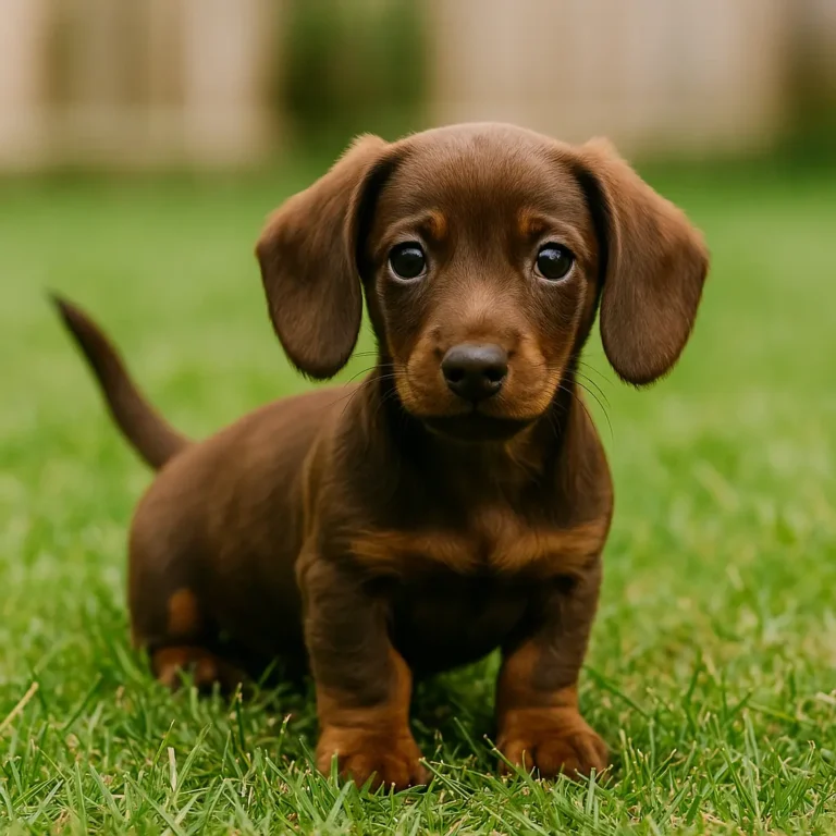 miniature dachshund puppy sitting on lawn grass