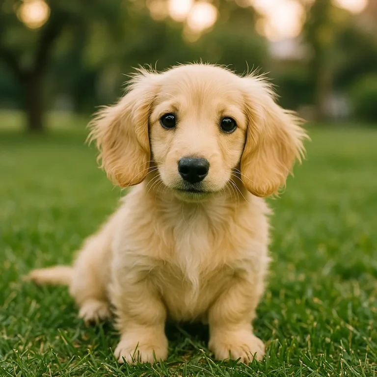 cream long hair dachshund puppy sitting on lawn grass