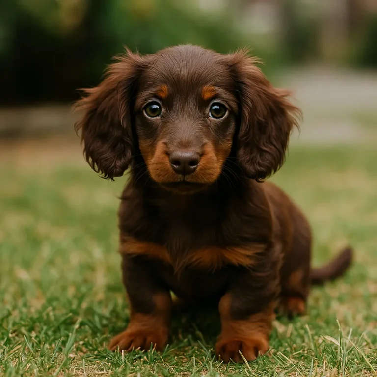 chocolate long haired dachshund puppy sitting on grass in park
