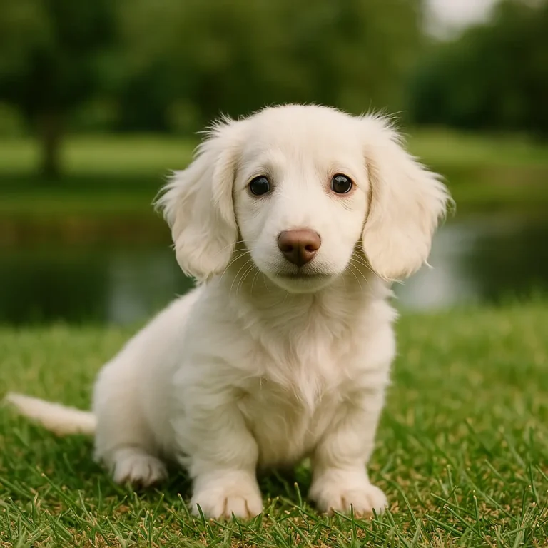 white long haired dachshund puppy sitting on lawn grass