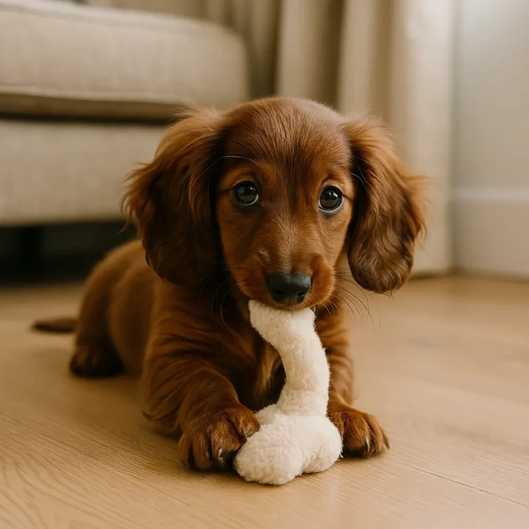 brown long haired dachshund puppy playing with toy