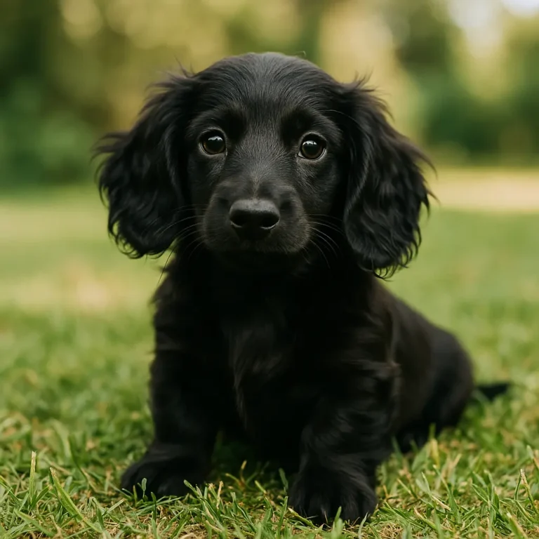 black long haired dachshund puppy sitting on lawn grass