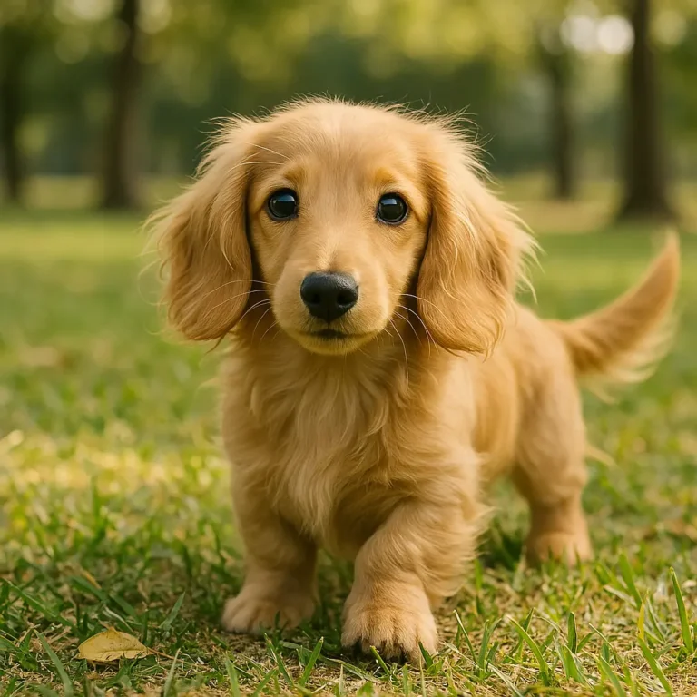 blonde dachshund long hair puppy standing on grass in garden