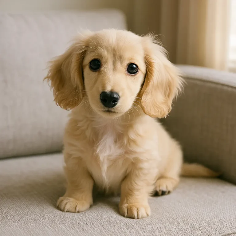 cream long haired dachshund puppy sitting on sofa