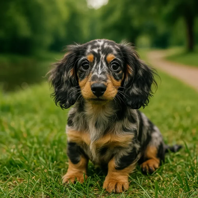 long haired dapple dachshund puppy sitting on lawn grass