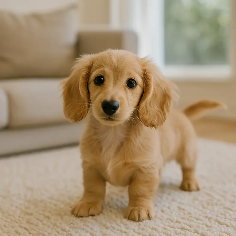 mini long haired dachshund puppy standing on sofa