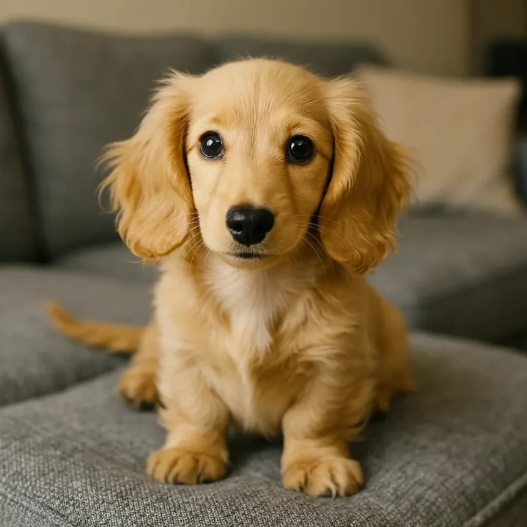 long haired dachshund puppy sitting on sofa