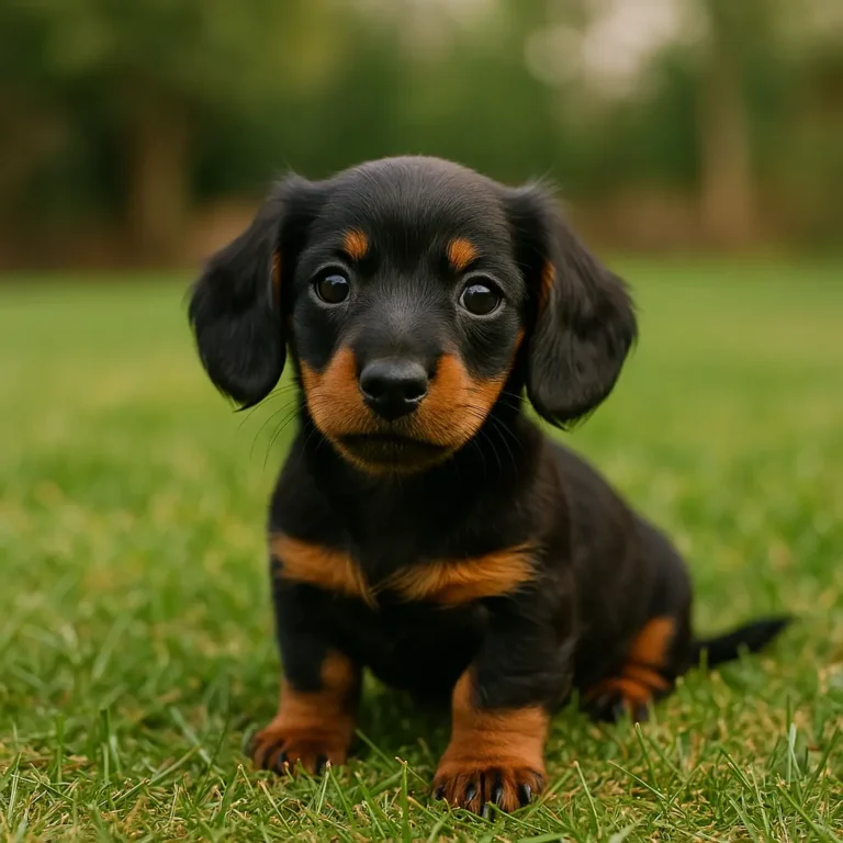black and tan mini dachshund puppy sitting on grass in garden