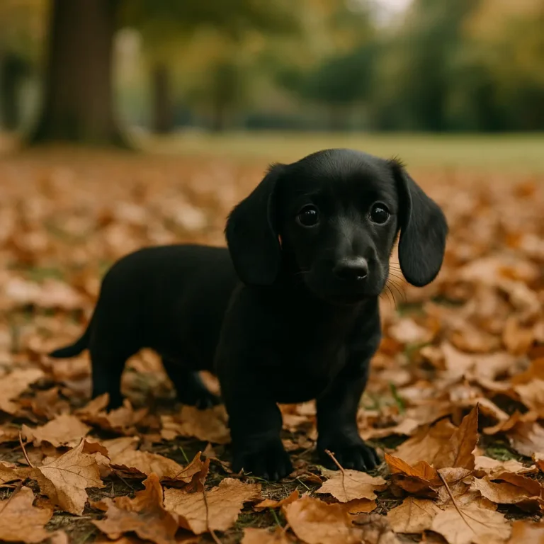 black mini dachshund puppy standing on ground with leaves