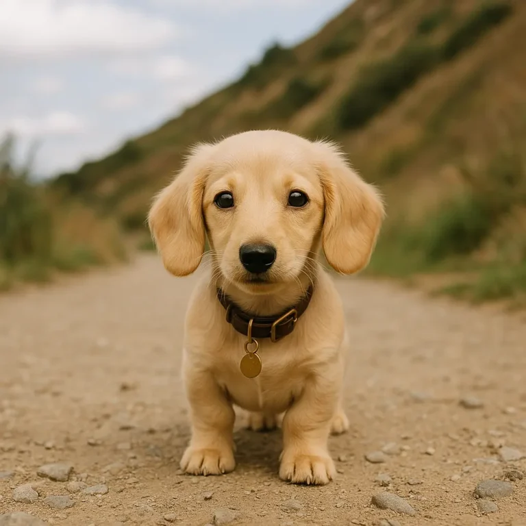 blonde mini dachshund puppy sitting on road
