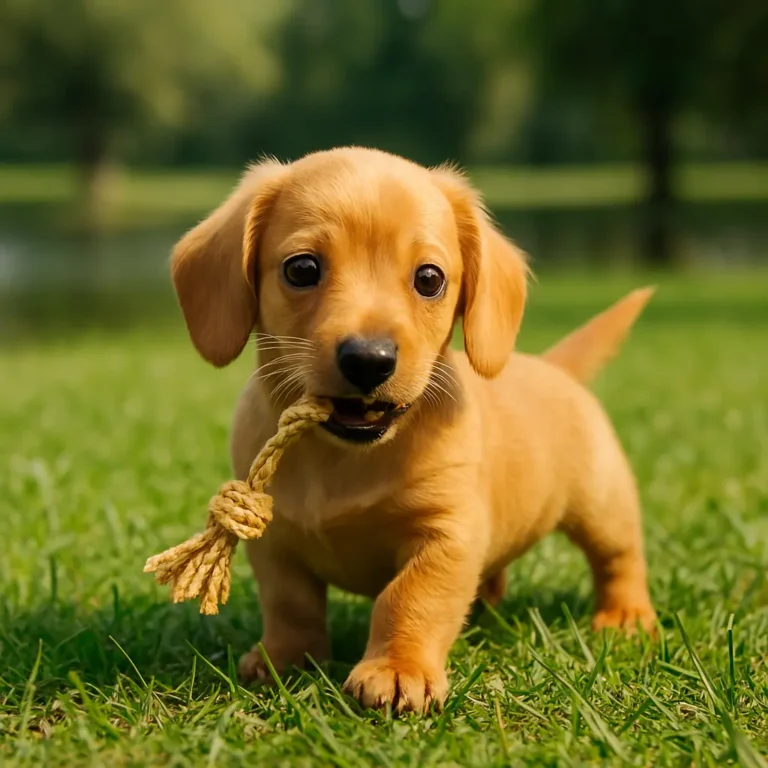 mini golden dachshund puppy playing in garden