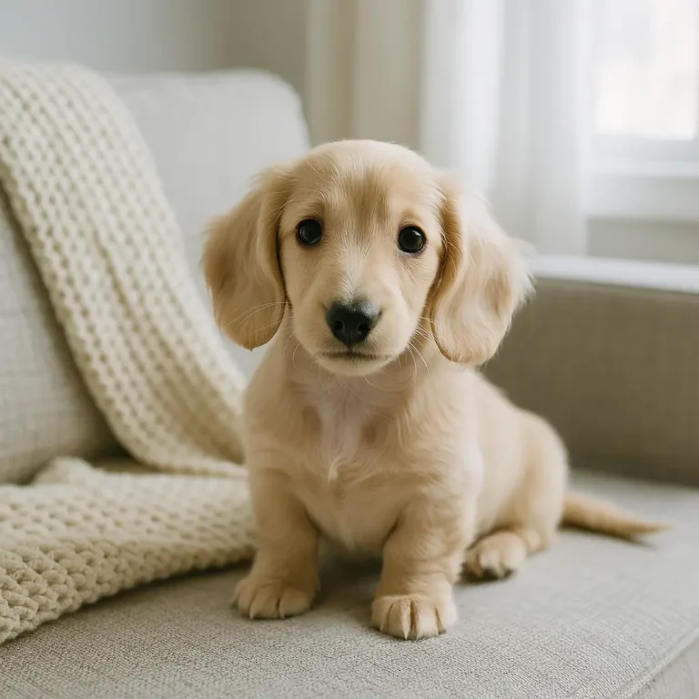cream mini dachshund puppy sitting on sofa