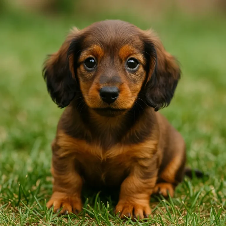 dachshund puppy sitting on lawn grass