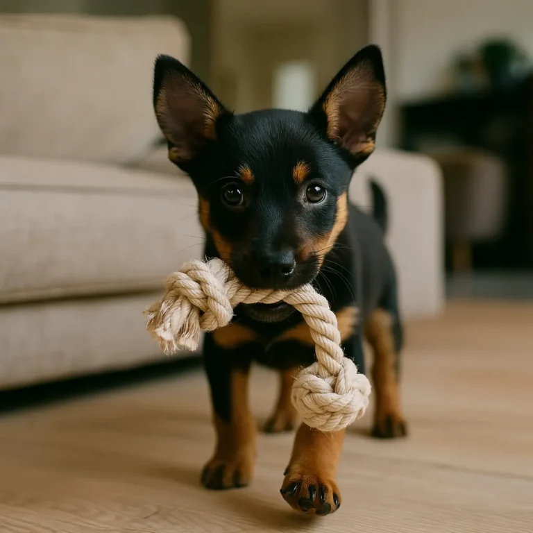 australian kelpie puppy playing with rope near sofa
