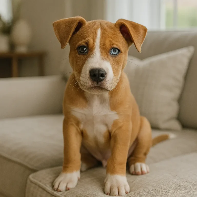 pitbull husky mix puppy sitting on sofa