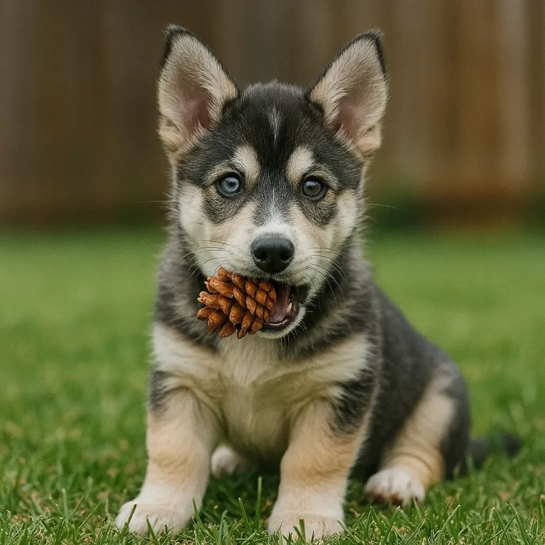 siberian husky corgi mix puppy sitting on grass