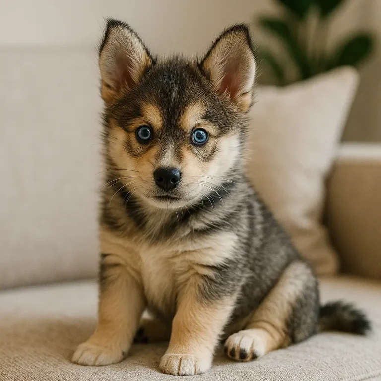 pomsky husky corgi mix puppy sitting on sofa