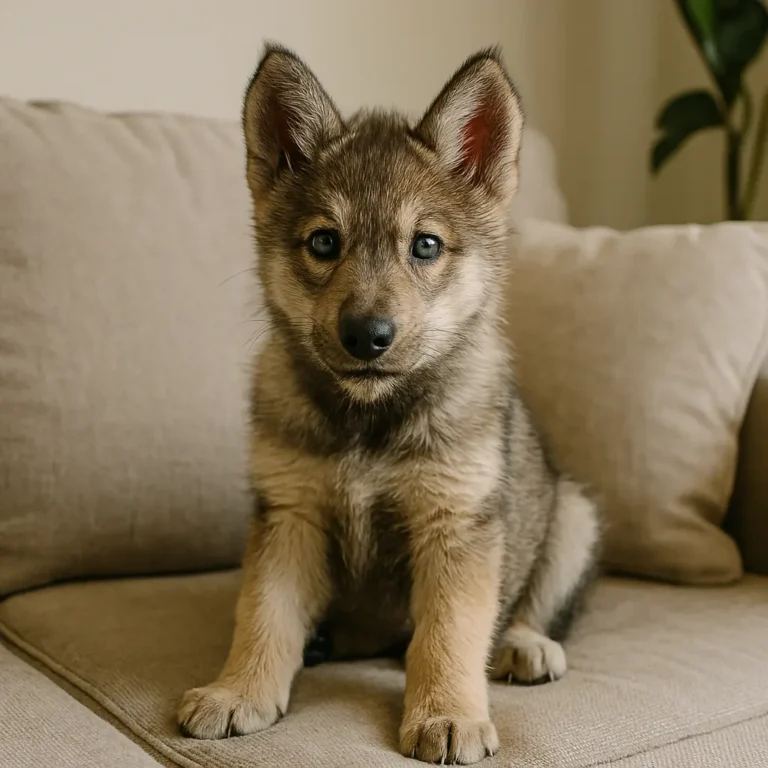 wolf german shepherd husky mix puppy sitting on sofa