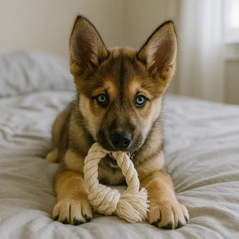 siberian husky german shepherd mix puppy playing with rope on bed