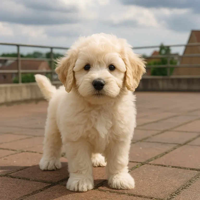 pyredoodle puppy standing on roof