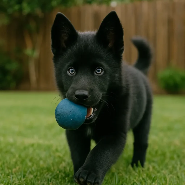 black husky playing with blue ball
