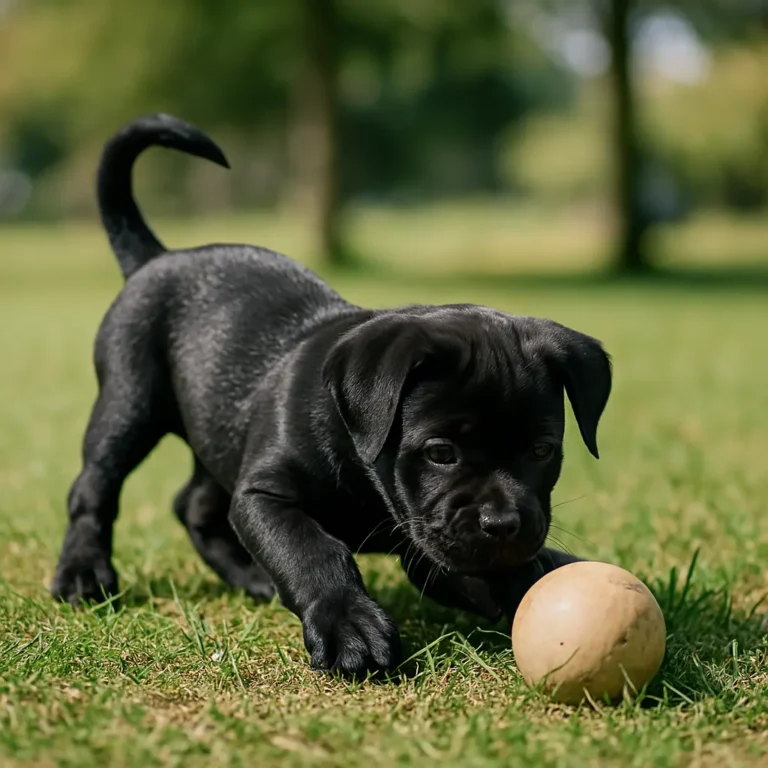 presa canario black puppy playing with ball