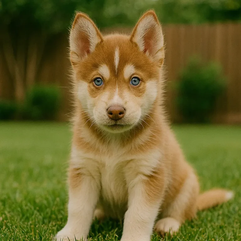red husky puppy sittinh on grass