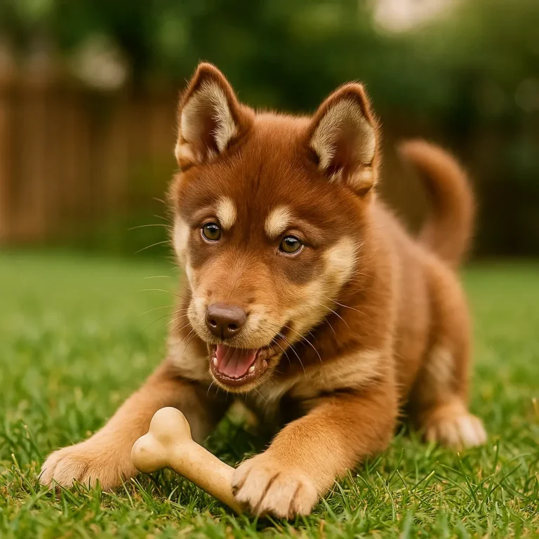 brown husky playing with bone in garden