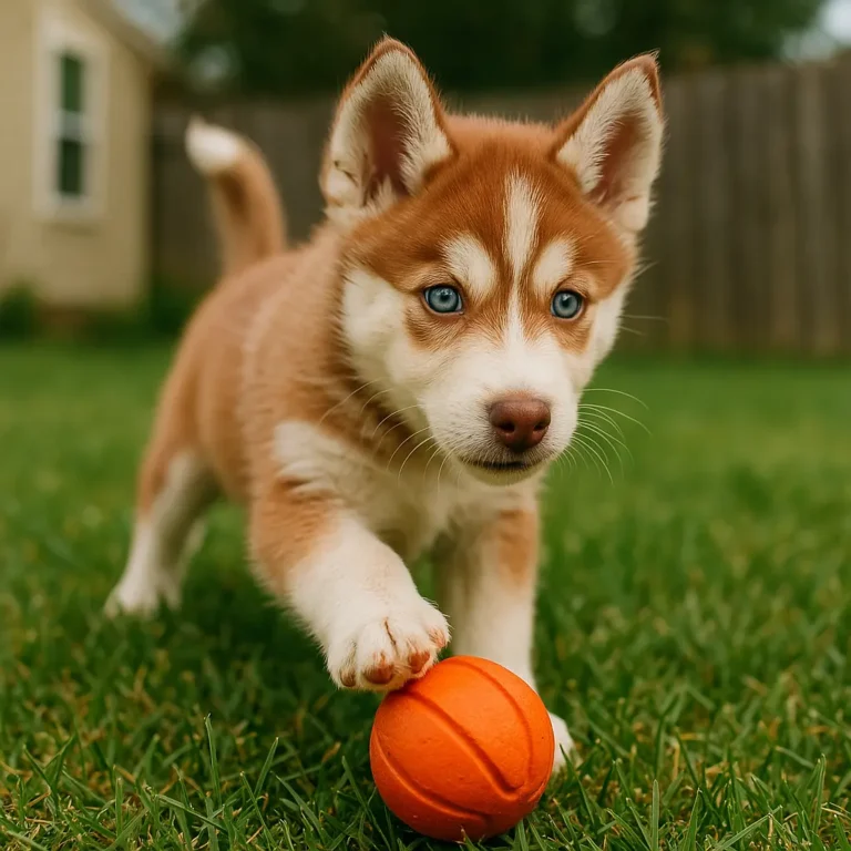 red and white husky plqying with red ball