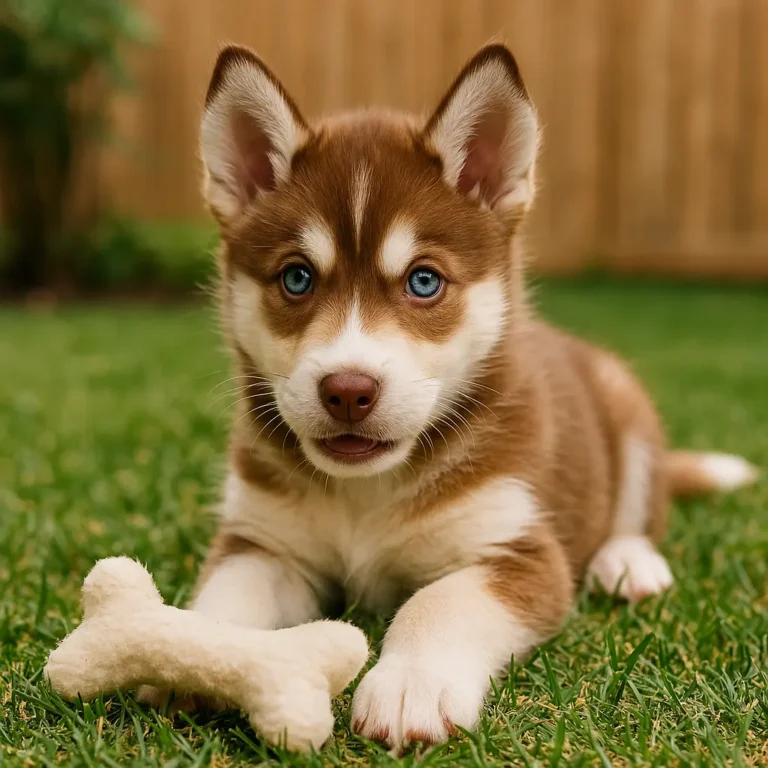 brown and white husky puppy playing with bone