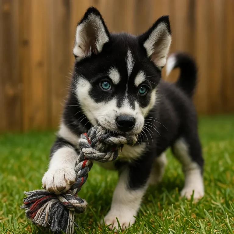 black and white husky playing with rope