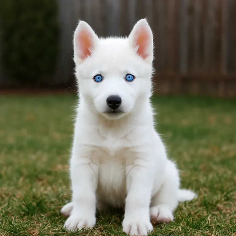 blue eyes white husky puppy sitting in garden
