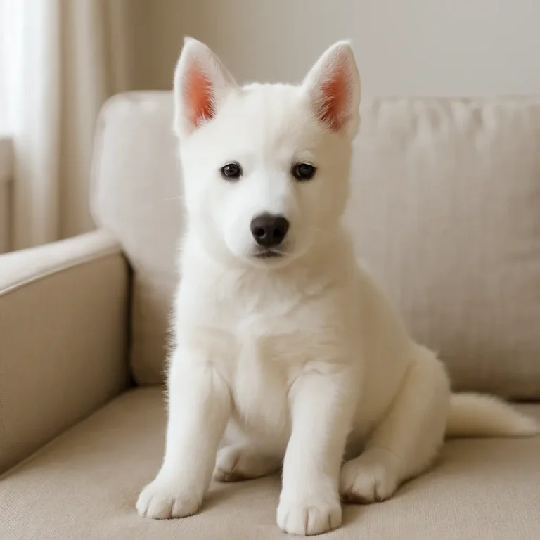 white husky puppy sitting on sofa