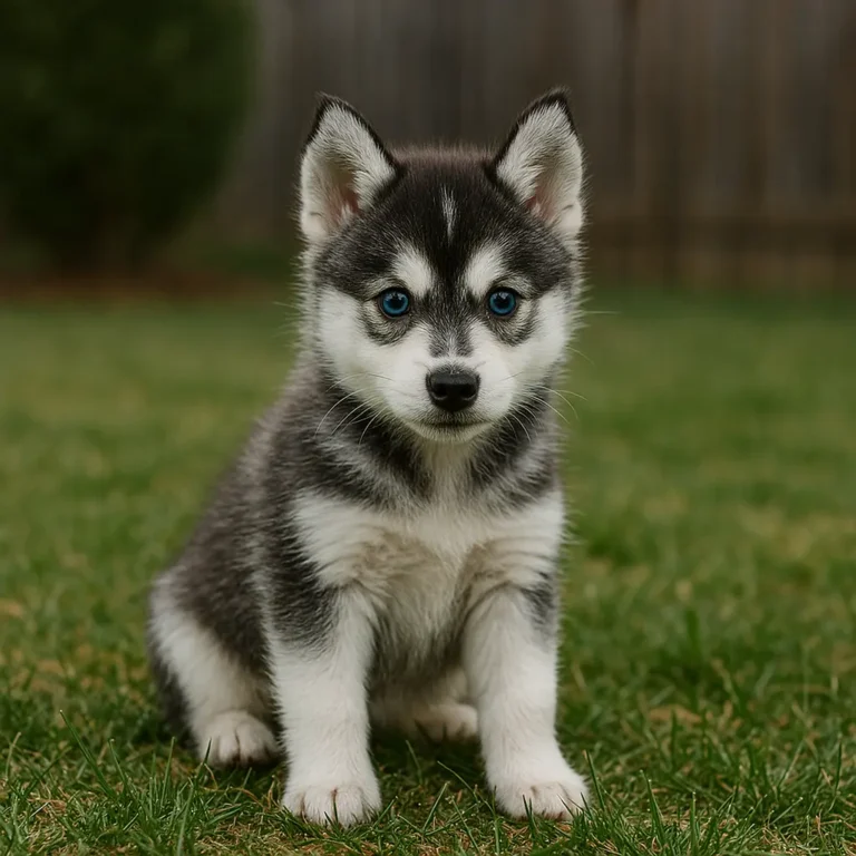 miniature alaskan husky puppy sitting on graden