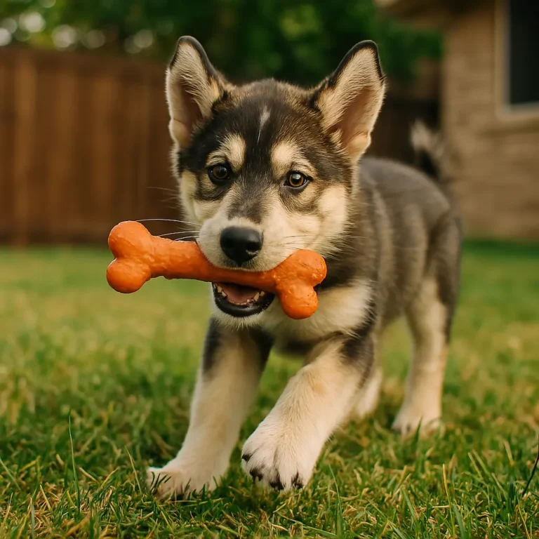 alaskan husky puppy playing with bone