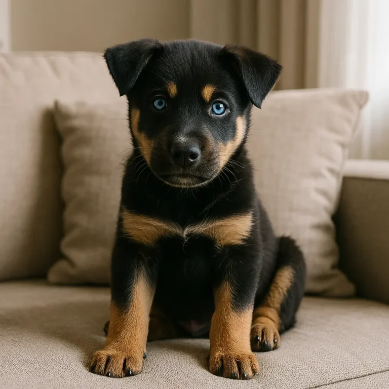 doberman husky mix puppy sitting on sofa