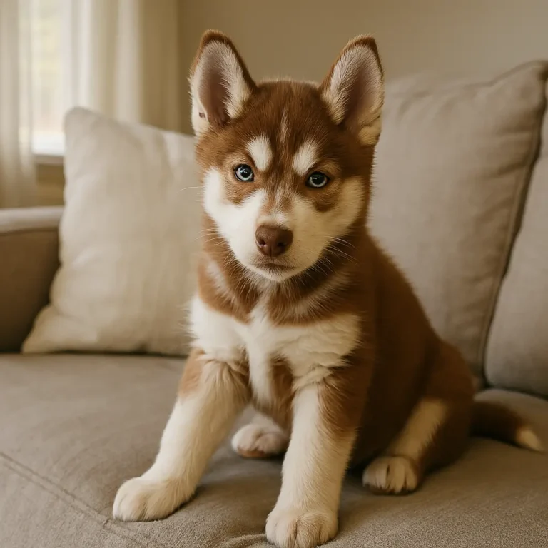 brown siberian husky sitting on sofa